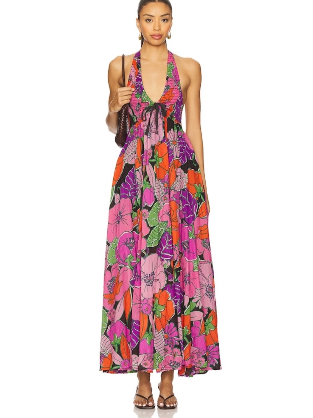 Free People Pink and Orange Floral Halter Maxi Dress